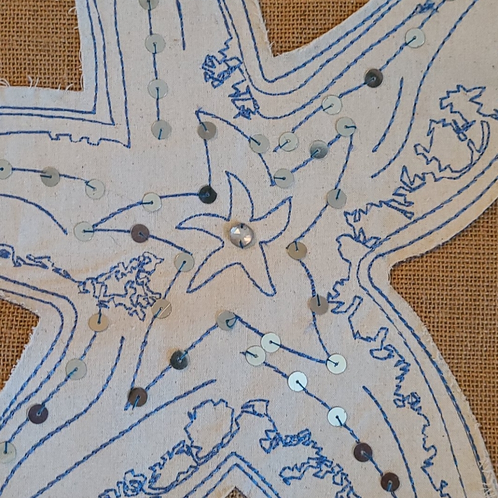 SALE NWOT LG BLUE WHITE  STARFISH BEACH BURLAP BAG - Picture 4 of 16